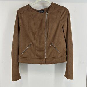 Thalia Sodi  Size S Women's Faux Suede Moto Jacket With Zipper Brown supple soft